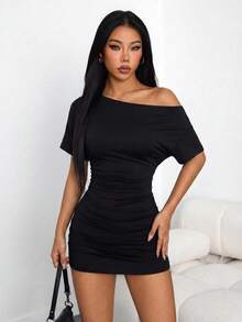 SHEIN PETITE Summer Asymmetric Neckline Dress/Summer Brown Short Dress Suitable For Party/Beach Vacation Dress/Summer Travel/Island Vacation Dress/Birthday Party Women's Dress ,Petite Women - Black - View 8