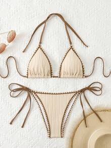 Swim Vcay 女士夏季服装对比色绑带纹理侧系带吊带比基尼套装夏季 - 米色 - 查看 5