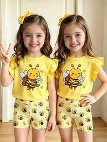 Setelan Kaos Pendek Lengan Bergelombang dan Celana Sepeda untuk Anak Perempuan Muda dengan Motif Lebah Kartun Kreatif dan Segar, Gaya Kasual, Nyaman untuk Olahraga Sehari-hari, Musim Semi, Musim Panas, dan Musim Gugur. - MultiWarna - View 3