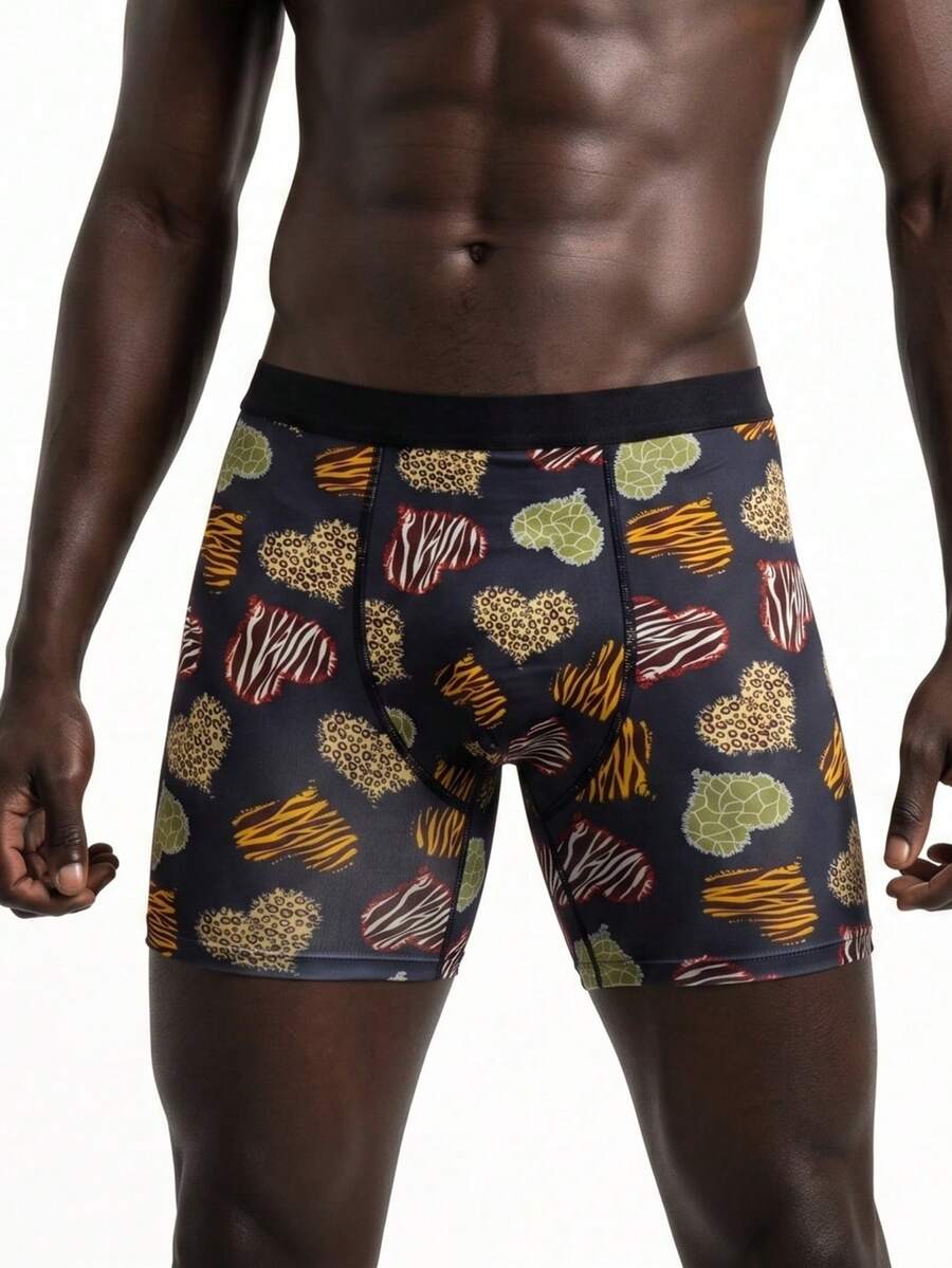 Rest Era Men's Underwear Leopard Zebra Giraffe Heart Graphic Long‑Leg Boxer Briefs, Dark Tone Daily Bottoms - Multicolor - View 1