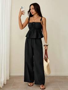 SHEIN PETITE Women's Summer Casual Solid Color Camisole Top Long Pants 2 Pieces Set Vacation Black - Black - View 8