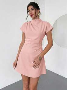 Aloruh Women's Ruched A-Line Mini Dress For Commuting,Summer Dresses For Women - Dusty Pink - View 5