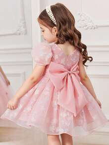 SHEIN Glamorique Kids 女嬰生日派對、婚禮節日舞會禮服裙，後背大蝴蝶結，薄紗3D花朵公主裙，中東、歐美風格，四季皆宜 - 藕粉色 - 查看 4