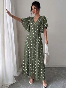 Elenzga Women's V-Neck Cinched Waist A-Line Button-Front Hem Slit Umbrella Sleeve Short Sleeve Apricot Base Coffee Brown Romantic Large Polka Dot Long Dress French Elegant Sophisticated Vintage Formal Office Commute Casual Beach Vacation Beach Style Western Street Style Street Photography Minimalist Versatile Fashion Afternoon Tea Party Home Leisure Comfortable Bohemian Spring Summer New - Army Green - View 3