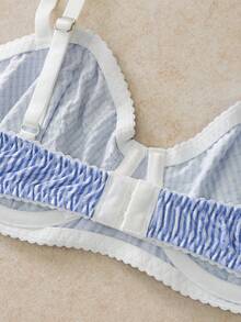 EverLounge 2 Stücke Damen-Wäscheset mit gestreiftem 3/4-Cup, Bügel, geformtem Cup, Push-up-Support, Spitzenbesatz und Schleife - Blau - Übersicht 6