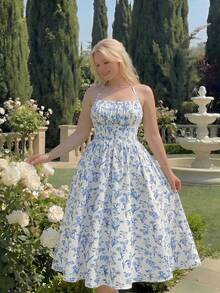 SHEIN MOD Plus Size Women's Summer Beach Vacation Floral Print Ruched Bust Tie-Waist Halter Dress - Blue and White - View 3