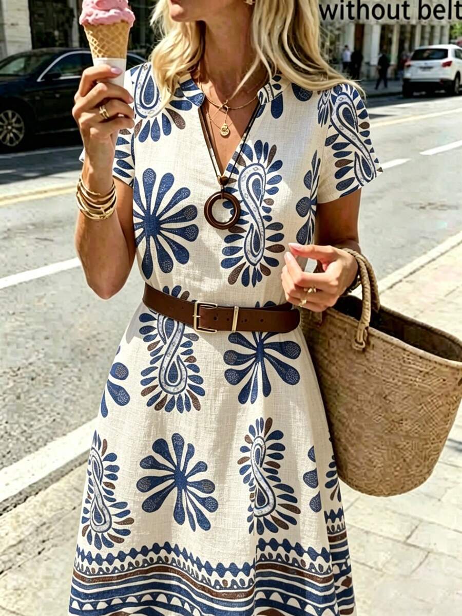 SHEIN PariChic Women's Casual Boho Vacation Print A-Line Dress, Holiday, Summer Dress, Bohemian Dress, Casual Dress, Festival Vacation Beige - Medium Wash - View 1