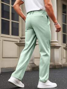Manfinity Homme Men's Solid Color Pleated Pocket Casual Straight Leg Pants - Mint Green - View 2