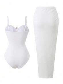 Swim Oasis 2件組女款春夏提花布料細肩帶海星裝飾長洋裝 高端連身泳衣附外罩裙套裝 - 杏色 - 查看 4