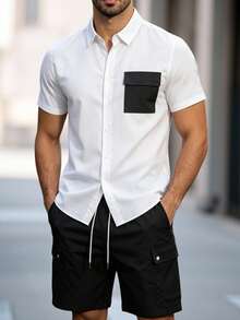 Manfinity Homme Conjunto de camisa y pantalones cortos casuales para hombre, multicolor, primavera/verano, estilo maduro - Multicolor - Ver 5