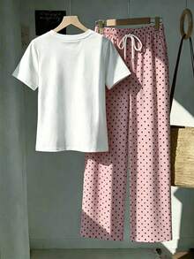 SHEIN EZwear 2件組刺繡圓領短袖上衣與條紋印花長褲，休閒風 - 粉色 - 查看 2
