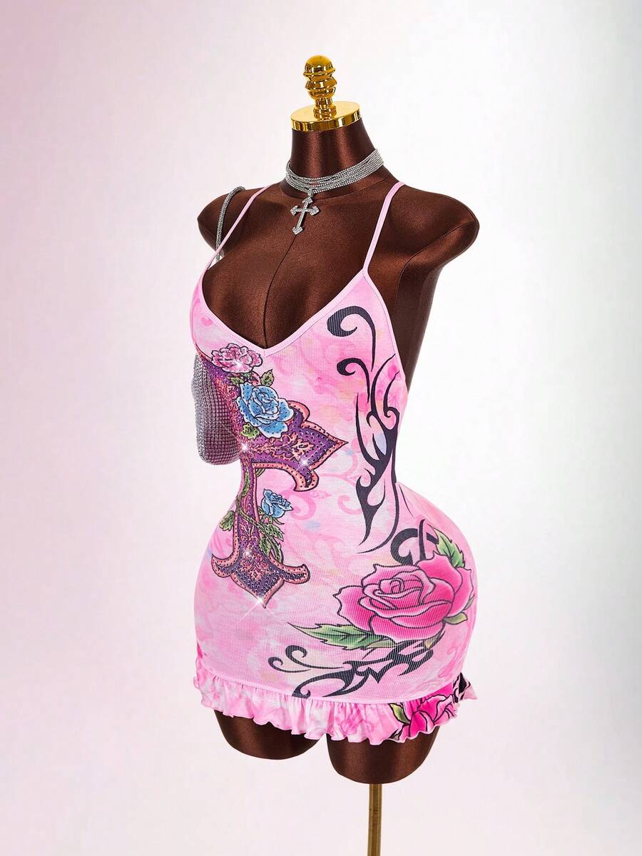 Bumpella Women's Floral Cross Pattern Sexy Date Party Mini Cami Dress - Pink - View 1