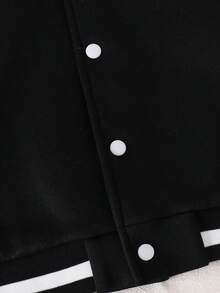 SHEIN Casuvi Kids 男童休閒學院風印花棒球開襟夾克外套，適合休閒、運動、校園穿著 - 黑色 - 查看 5