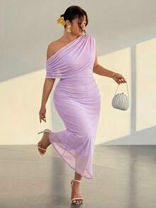 Firerie Vestido de un solo hombro de unicolor elegante talla grande, para verano - Morado - Ver 1