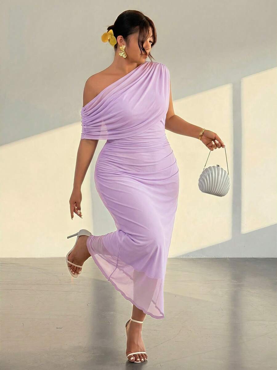 Firerie Vestido de un solo hombro de unicolor elegante talla grande, para verano - Morado - Ver 1
