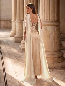 Glamrae Elegante Romántico de Moda Grácil Vestido de Fiesta Caqui con Lentejuelas Bordadas Tela de Gasa Cinta Borlas Decoración Tirantes Finos Bustier Copa Cola de Pez Elegante Vestido de Fiesta Vestido de Invitada de Boda Vestido de Despedida de Soltera Vestido de Noche Formal - Caqui - Ver 4