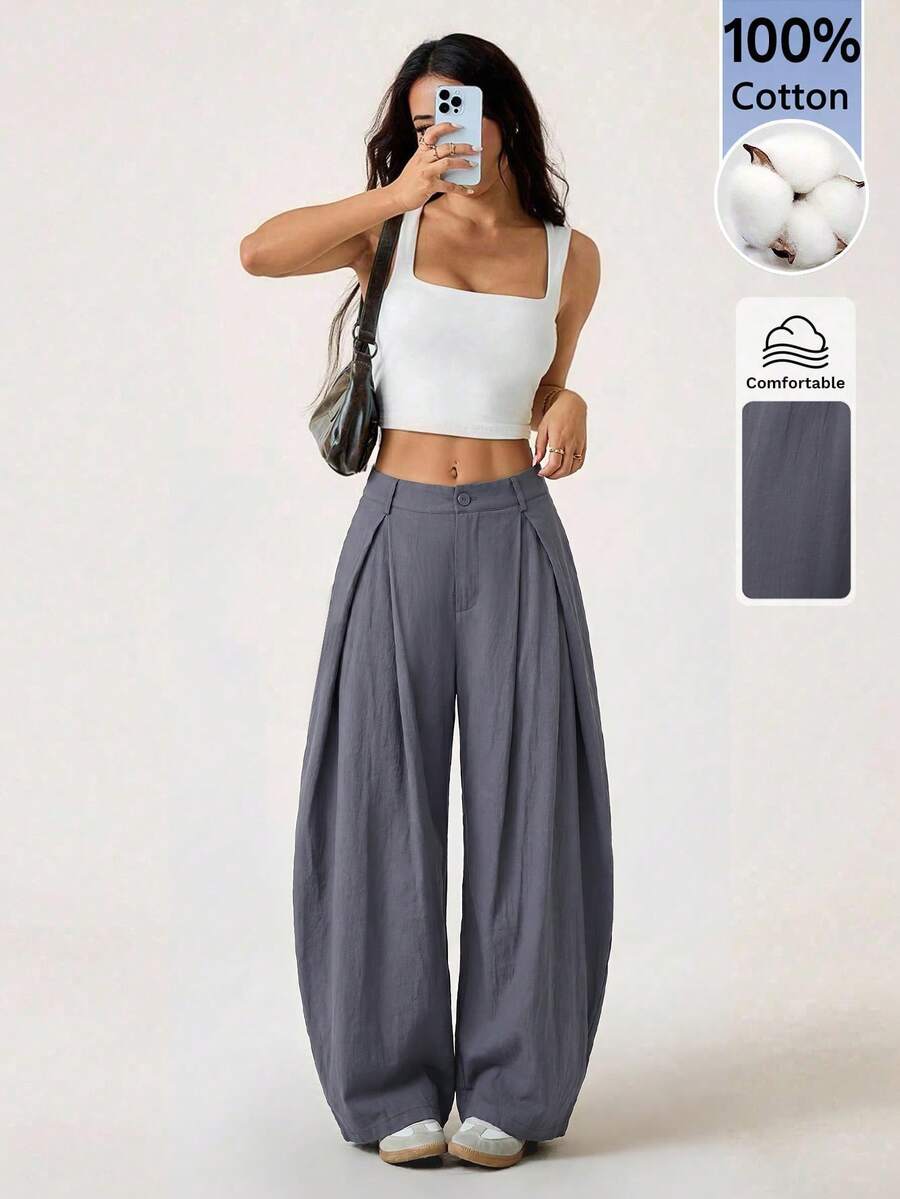 SHEIN PETITE 女款素色百褶休閒百搭日常穿著長褲 - 灰色 - 查看 1