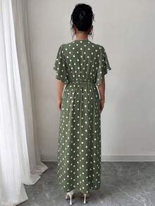 Elenzga Women's V-Neck Cinched Waist A-Line Button-Front Hem Slit Umbrella Sleeve Short Sleeve Apricot Base Coffee Brown Romantic Large Polka Dot Long Dress French Elegant Sophisticated Vintage Formal Office Commute Casual Beach Vacation Beach Style Western Street Style Street Photography Minimalist Versatile Fashion Afternoon Tea Party Home Leisure Comfortable Bohemian Spring Summer New - Army Green - View 2