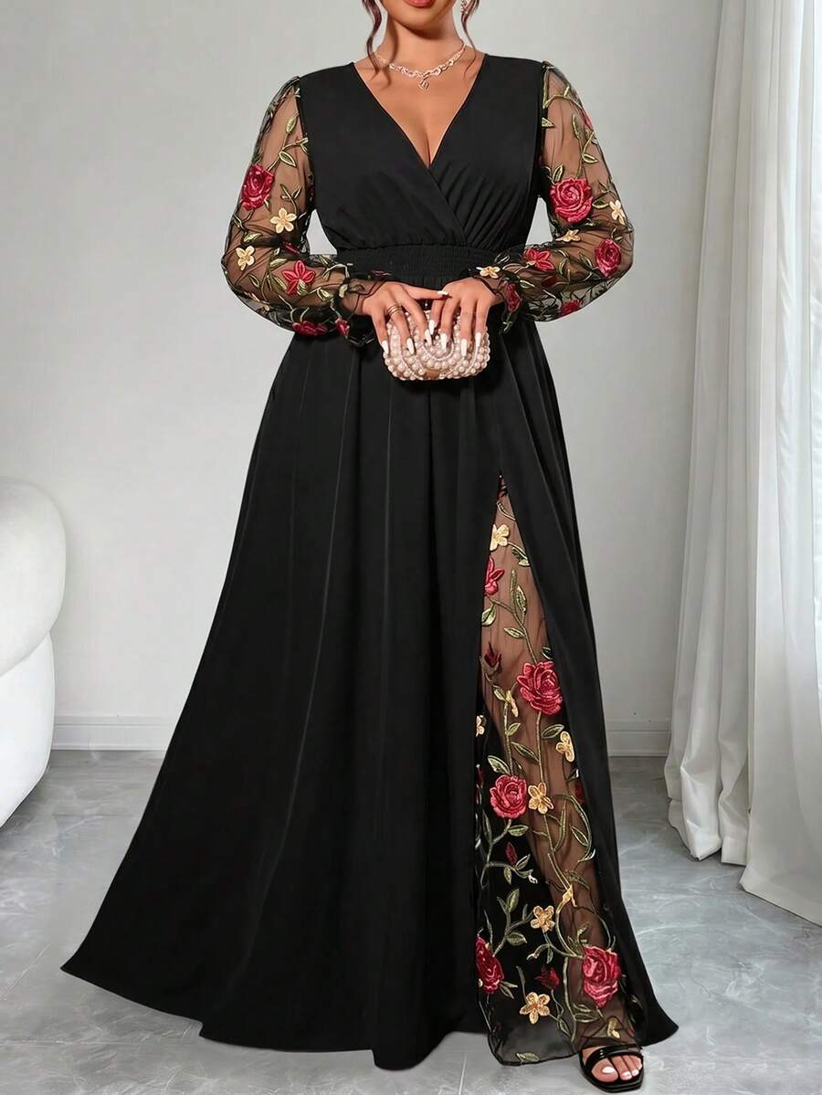 Elenzga Plus Size Premium Patchwork Embroidered Mesh Women's Dress - Multicolor - View 1