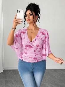 Elenzga Damen-Sommertopp, Große Größen aus Mesh mit Rosenprint, tiefem V-Ausschnitt, asymmetrischen ausgestellten Ärmeln, taillierter Taille, sexy, romantisch, elegant, für Brunch und formelle Anlässe, Hot Pink - Pink - Übersicht 7