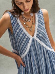Bohemela Women's V-Neck Blue And White Stripe Sleeveless Lace Trim Short Dress, Suitable For Daily Outings, Parties Beach Vacation, Street Style Boho Summer - Blue - View 6