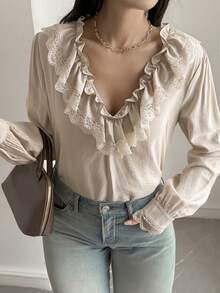 Livesso Women's Elegant Solid Color Lace Trim Ruffle Blouse Vacation - Apricot - View 4