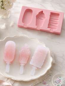 1Pc Cute Shapes Silicone Popsicle Molds With Lids Reusable Ice Cream Mold Popsicle 4 Cavities Maker Homemade DIY Set - Pink - View 2