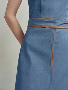 MOTF PREMIUM WOMEN'S SUMMER DENIM & LEATHER PATCHWORK SLEEVELESS WAIST-CINCHING DRESS - Medium Wash - View 2