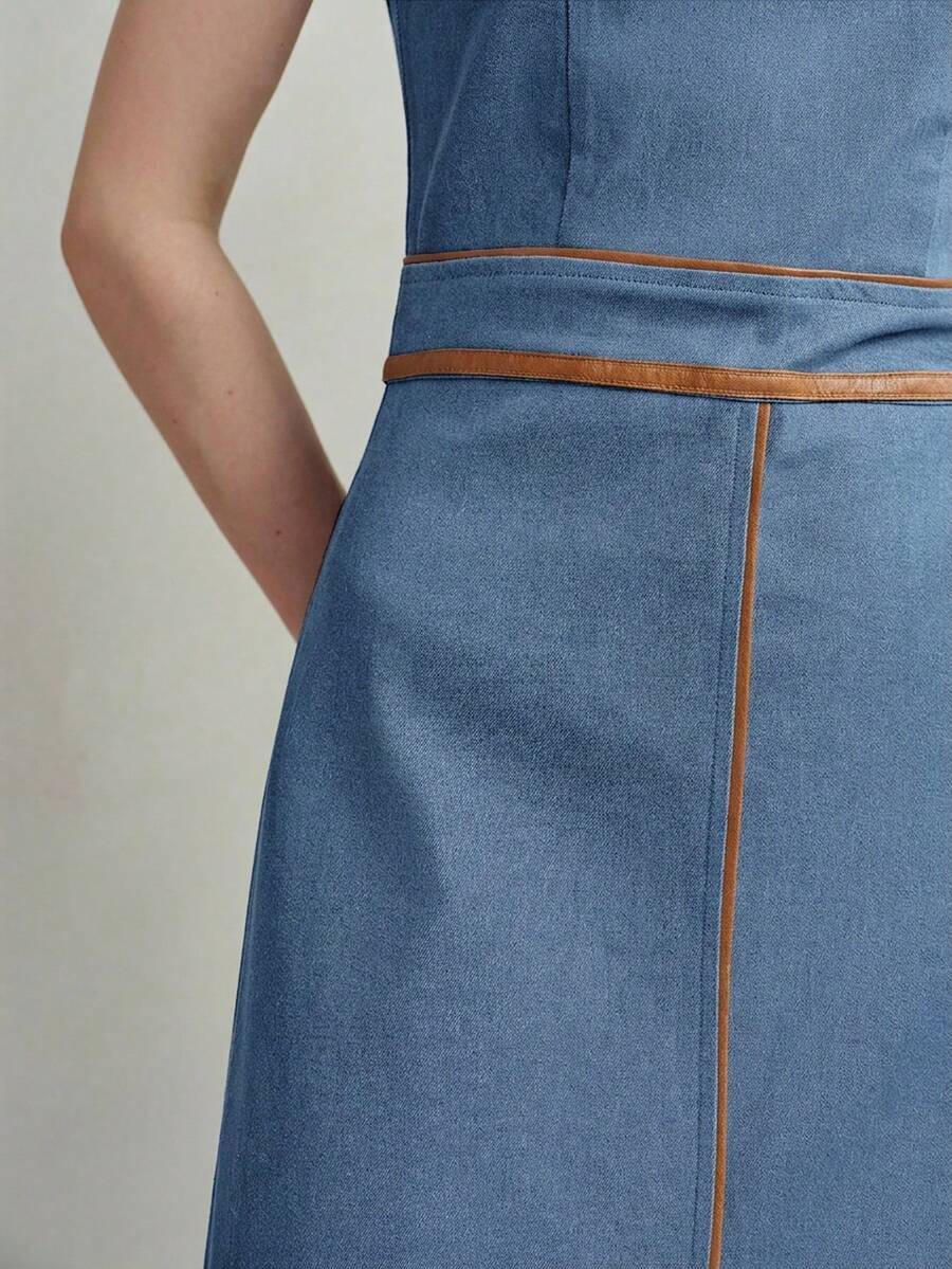MOTF PREMIUM WOMEN'S SUMMER DENIM & LEATHER PATCHWORK SLEEVELESS WAIST-CINCHING DRESS - Medium Wash - View 2