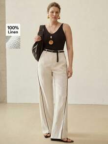 MOTF PREMIUM PLUS SIZE WOMEN'S LINEN CONTRAST PIPING STRAIGHT LEG PANTS FALL - Apricot - View 3
