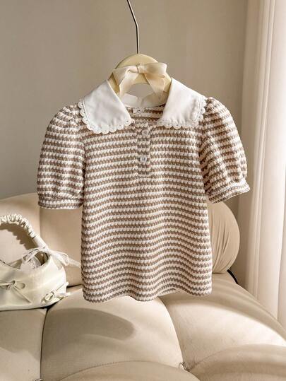 Genkimix Kids Summer Fashion Elegant Short Sleeve T-Shirt Top With Design Peter Pan Collar And Puff Sleeves For Girls