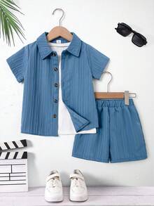 SHEIN Young Boy Textured Short Sleeve Shirt And Shorts Summer Outfit Set, School, Campus, College Summer Holiday - Blue - View 4