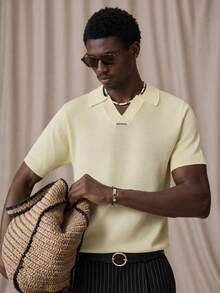 Vientiro Men's Solid Color Polo Collar Short Sleeve Casual Versatile Knit Top Vacation Pale Yellow Summer - Light Yellow - View 1