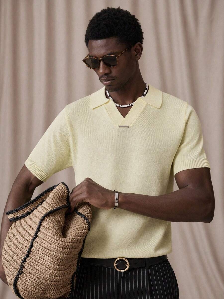 Vientiro Men's Solid Color Polo Collar Short Sleeve Casual Versatile Knit Top Vacation Pale Yellow Summer - Light Yellow - View 1