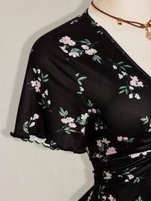SHEIN ICON 大尺碼女款花卉印花休閒約會派對洋裝 - 黑色 - 查看 7