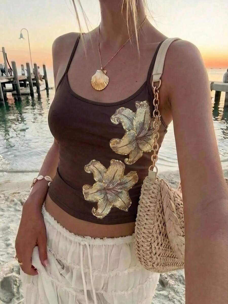 Aloruh 女款棕色花卉亮片刺繡吊帶上衣,波西米亞風夏季海灘度假休閒,蕾絲拼接背心,Y2K街頭風熱帶音樂會狂歡派對 - 咖啡棕 - 查看 1
