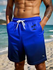 Manfinity Swimmode 男士漸層印花抽繩腰夏季沙灘百慕達短褲 - 寶藍色 - 查看 6