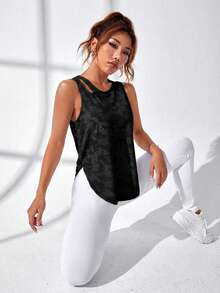 SHEIN Cheerettes 女款鏤空無袖圓領純色休閒運動背心，夏季 - 黑色 - 查看 3