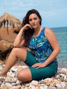Slaydiva 2026 Summer New Women's Plus Size Small Round Neck Wide Strap Leaf Print Tank Bikini Top And Knee Length Shorts 2 Pieces Swimwear - Multicolor - View 6