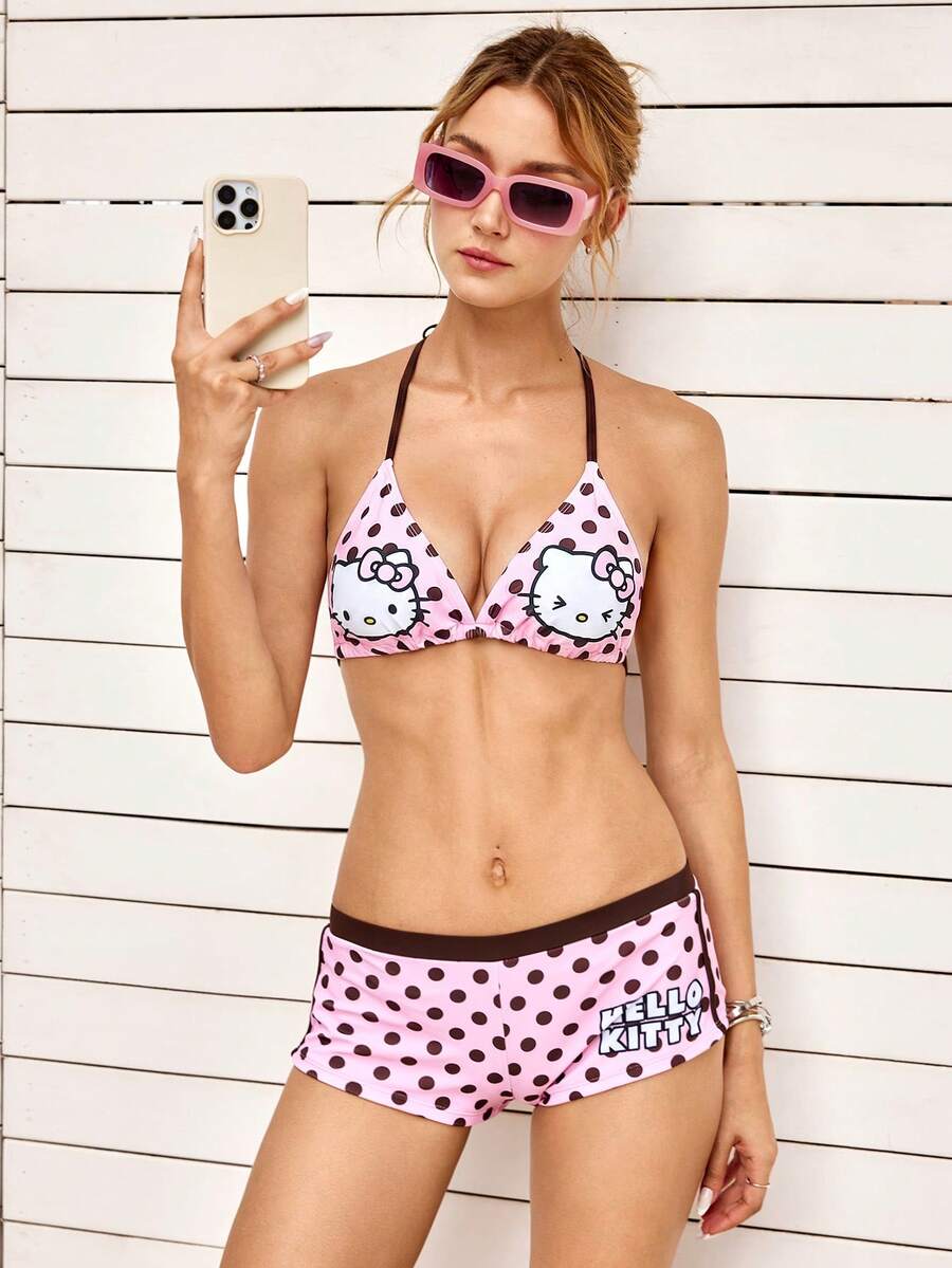 HELLO KITTY AND FRIENDS | SHEIN 女款夏季海灘波點卡通印花掛脖繫帶時尚比基尼兩件式泳衣套裝 - 粉色 - 查看 1