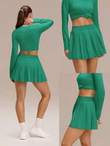GLOWMODE Swing And Shine Lightweight Sweat-Wicking Quick-Dry UPF 50+ Odor Control Built-In Shorts Side Pockets Pleated Tennis Skirt Golf Pickleball Daily Casual Wear - Fresh Green - View 8