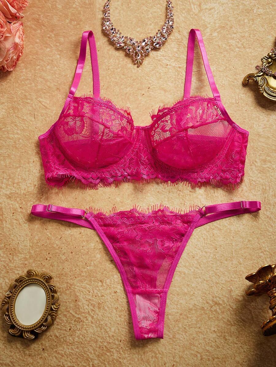 PinupPomp Set de 2 piezas de lencería con parches de encaje rojo rosa maduro - Rosa Fucsia - Ver 1