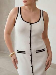 MOTF PREMIUM PLUS SIZE SUMMER FASHION CONTRAST TRIM SLIT HEM SWEATER DRESS - White - View 5