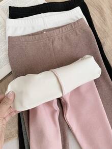 SHEIN LMoss Kids LMoss 4件組女嬰可愛純色彈性腰針織內搭褲，秋冬款 - 白色 - 查看 2