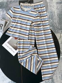 SHEIN Kids Teen Girls Blue Striped 2-Piece Set Tween Girl Clothes Preppy Style Squishy Set Co-Ords - Multicolor - View 1