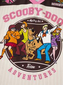 SCOOBY-DOO X SHEIN 少女 V 領字母卡通印花休閒百搭日常短袖 T 恤 - 杏色 - 查看 3