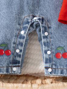 SHEIN 2件組女嬰可愛草莓刺繡圍兜褲 柔軟棉質 藍色 夏季親子套裝 - 紅色 - 查看 6