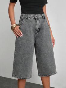 Women Casual Denım Short Long Comfortable And Straigh Fit For Summer High Quality - Grey - View 5