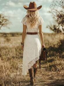 SHEIN LUNE White Elegant Notched Collar Contrast Lace Asymmetric Hem Dress White Lace Irregular Midi Dress - White - View 2