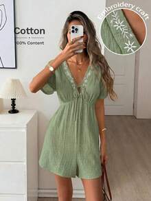 Easowa V-Neck Wide Shoulder One-Piece Sleeve Neckline Tie Bow Blue And White Porcelain Floral Embroidery High Waistline Doll Style Romper 100% Pure Cotton Traceable Cotton Double Layer Crepe Texture Fabric Casual Relaxed Elegant Commute Old Money Style Vacation Spring Summer Women's Jumpsuit - Green - View 3